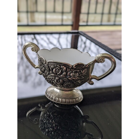 Silverplate Embossed Floral Vtg Sugar Bowl Creamer w Tray White Porcelain Rare - Picture 4 of 16